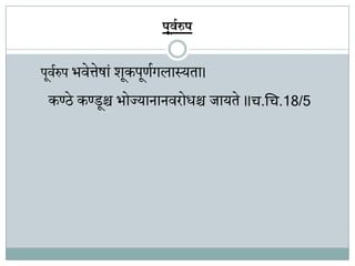पूर्वरुप
पूवृरुप भवेत्तेषां शूकपूणृगलास्यिा।
कण्ठे कण्डूश्च भोज्यानानवरोर्श्च जायिे ॥च.चच.18/5
 