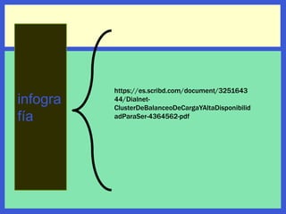 infogra
fía
https://es.scribd.com/document/3251643
44/Dialnet-
ClusterDeBalanceoDeCargaYAltaDisponibilid
adParaSer-4364562-pdf
 