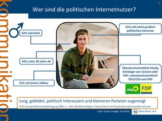 Marko Bachl, M.A.
7
Wer sind die politischen Internetnutzer?
Jung, gebildet, politisch interessiert und kleineren Parteien zugeneigt
GLES Vorwahl/Nachwahlbefragung 2009, n = 183; Wahlberechtige in Deutschland mit Hauptinformationsquelle Internet
62% männlich
Foto: Cavan Images; via Flickr
51% mit (Fach-) Abitur
41% mit (sehr) großem
politischen Interesse
Überdurchschnittlich häufig
Anhänger von Grünen oder
FDP; unterdurchschnittlich
CDU/CSU und SPD
43% unter 30 Jahre alt
 
