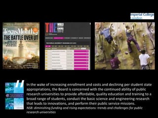 “
    In the wake of increasing enrollment and costs and declining per student state
    appropriations, the Board is concerned with the continued ability of public
    research universities to provide affordable, quality education and training to a
    broad range of students, conduct the basic science and engineering research
    that leads to innovations, and perform their public service missions.
    NSB: diminishing funding and rising expectations: trends and challenges for public
    research universities
 