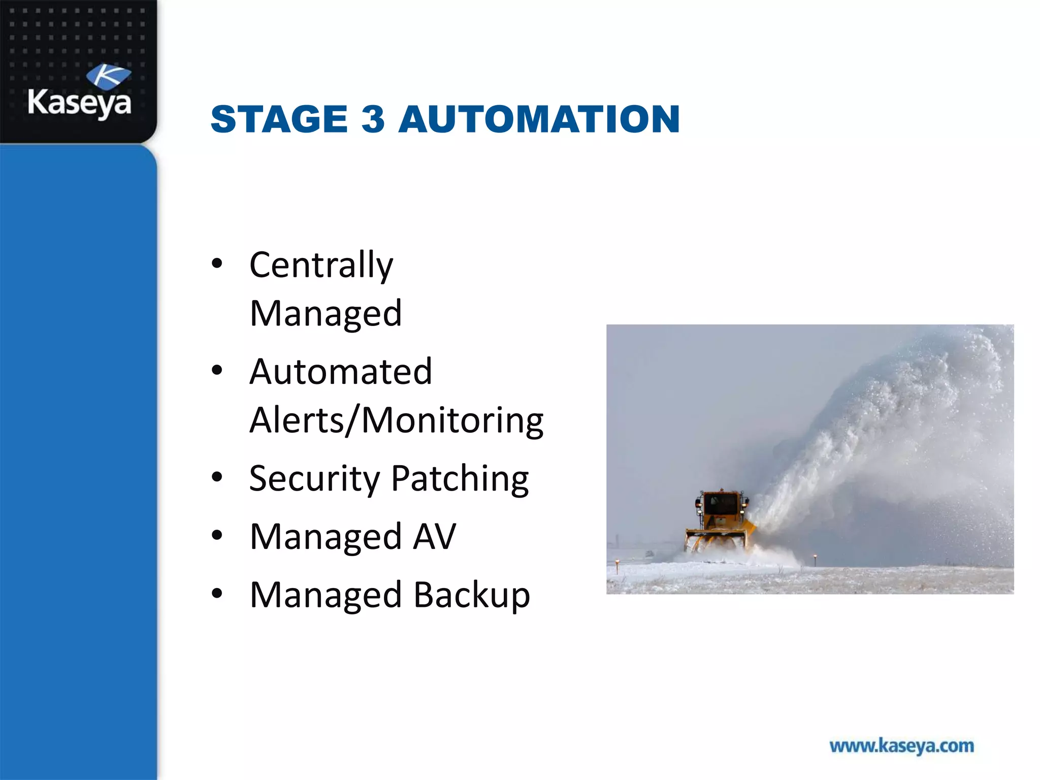Centrally ManagedAutomated Alerts/MonitoringSecurity PatchingManaged AVManaged BackupStage 3 Automation