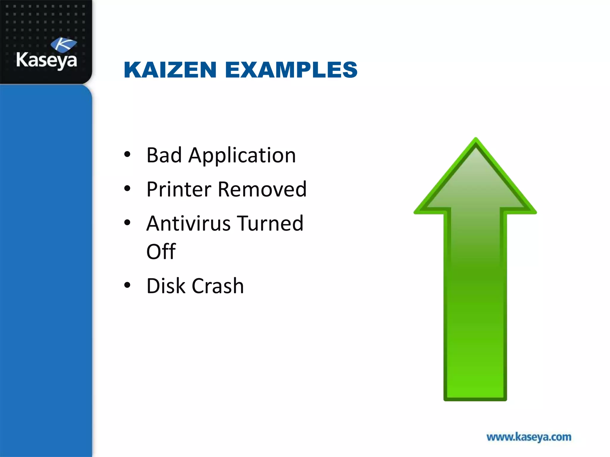 Bad ApplicationPrinter RemovedAntivirus Turned OffDisk CrashKaizen Examples