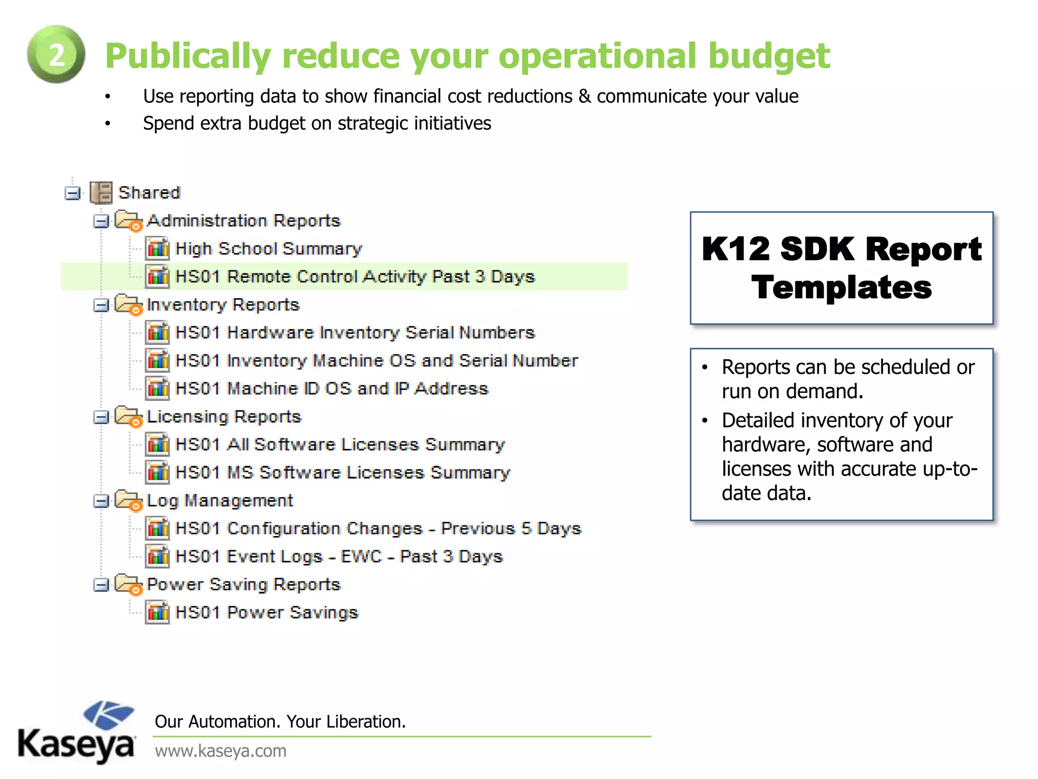 Publically reduce your operational budget2Use reporting data to show financial cost reductions & communicate your valueSpend extra budget on strategic initiativesK12 SDK Report TemplatesReports can be scheduled or run on demand. Detailed inventory of your hardware, software and licenses with accurate up-to-date data.