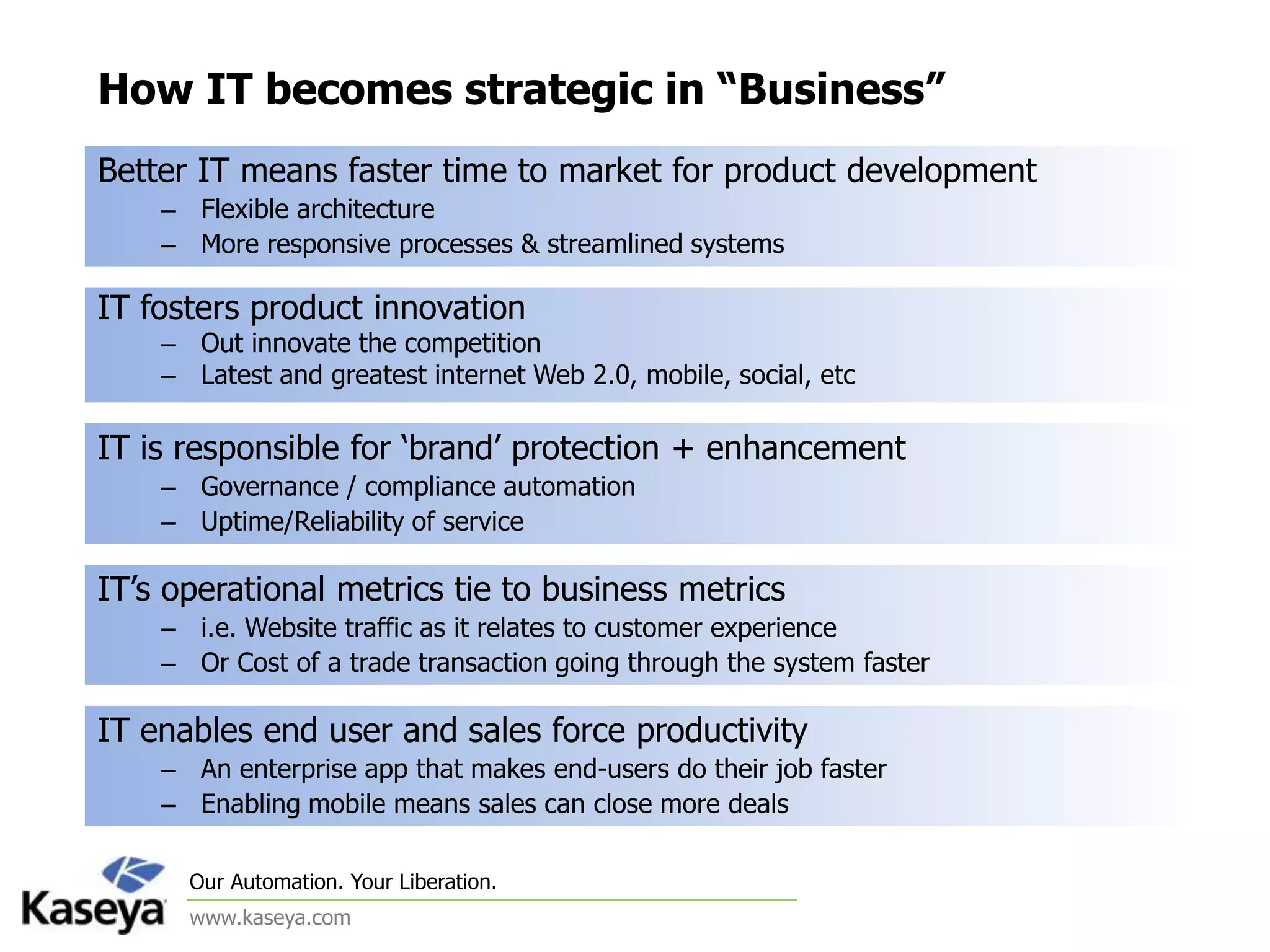 How IT becomes strategic in “Business”Better IT means faster time to market for product development Flexible architectureMore responsive processes & streamlined systemsIT fosters product innovationOut innovate the competitionLatest and greatest internet Web 2.0, mobile, social, etcIT is responsible for ‘brand’ protection + enhancementGovernance / compliance automationUptime/Reliability of serviceIT’s operational metrics tie to business metricsi.e. Website traffic as it relates to customer experienceOr Cost of a trade transaction going through the system fasterIT enables end user and sales force productivityAn enterprise app that makes end-users do their job fasterEnabling mobile means sales can close more deals