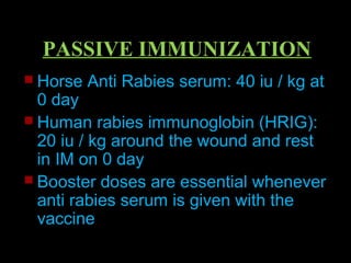 PASSIVE IMMUNIZATION 
 Horse Anti Rabies serum: 40 iu / kg at 
0 day 
 Human rabies immunoglobin (HRIG): 
20 iu / kg around the wound and rest 
in IM on 0 day 
 Booster doses are essential whenever 
anti rabies serum is given with the 
vaccine 
 