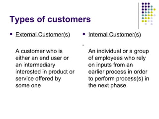 Types of customers External Customer(s) A customer who is either an end user or an intermediary interested in product or service offered by some one Internal Customer(s) An individual or a group of employees who rely on inputs from an earlier process in order to perform process(s) in the next phase. 