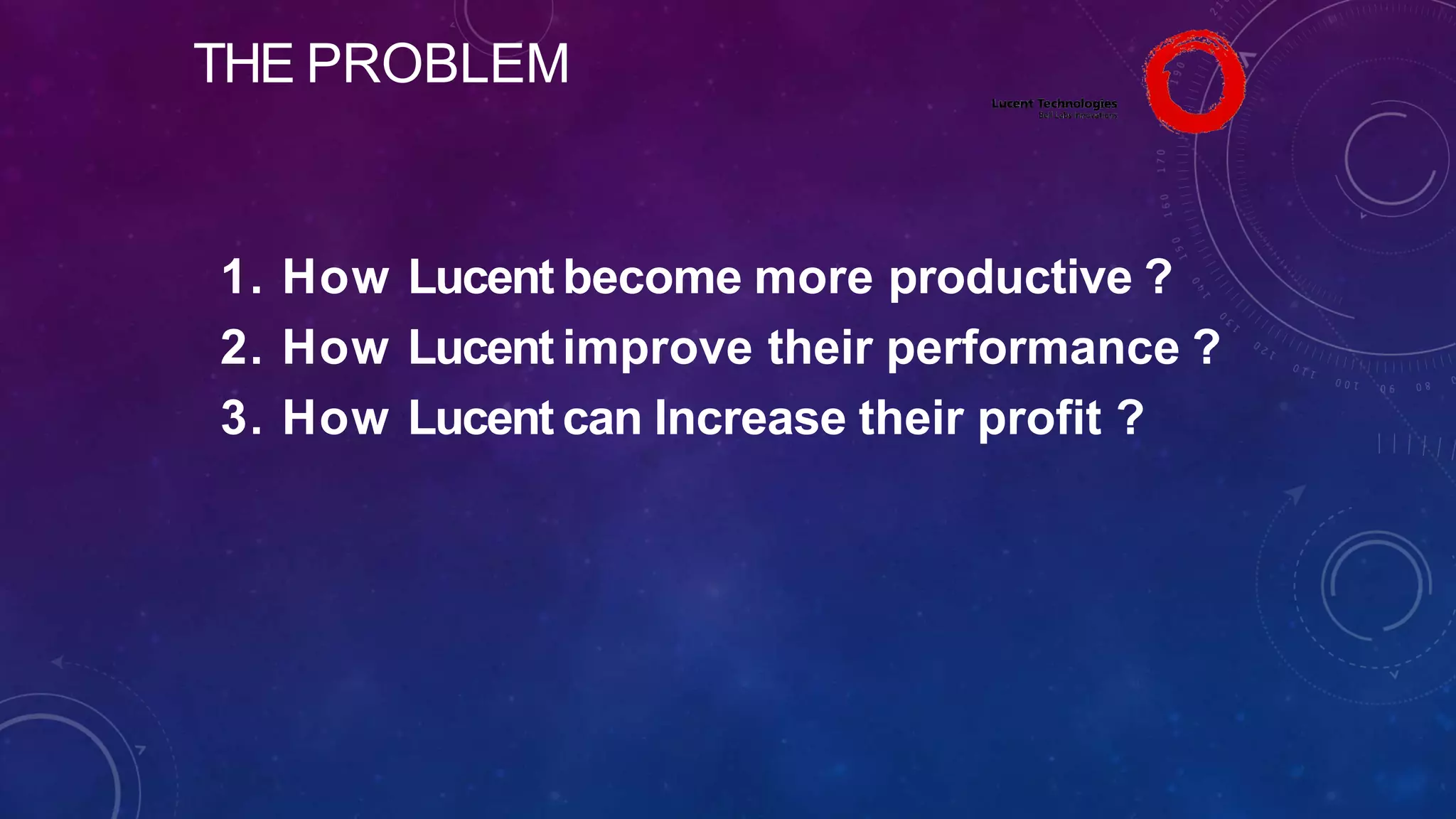 THE PROBLEM
1. How Lucent become more productive ?
2. How Lucent improve their performance ?
3. How Lucent can Increase their profit ?
 
