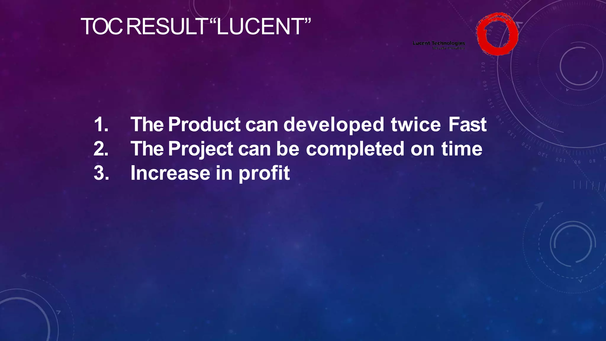 TOCRESULT“LUCENT”
1. The Product can developed twice Fast
2. The Project can be completed on time
3. Increase in profit
 