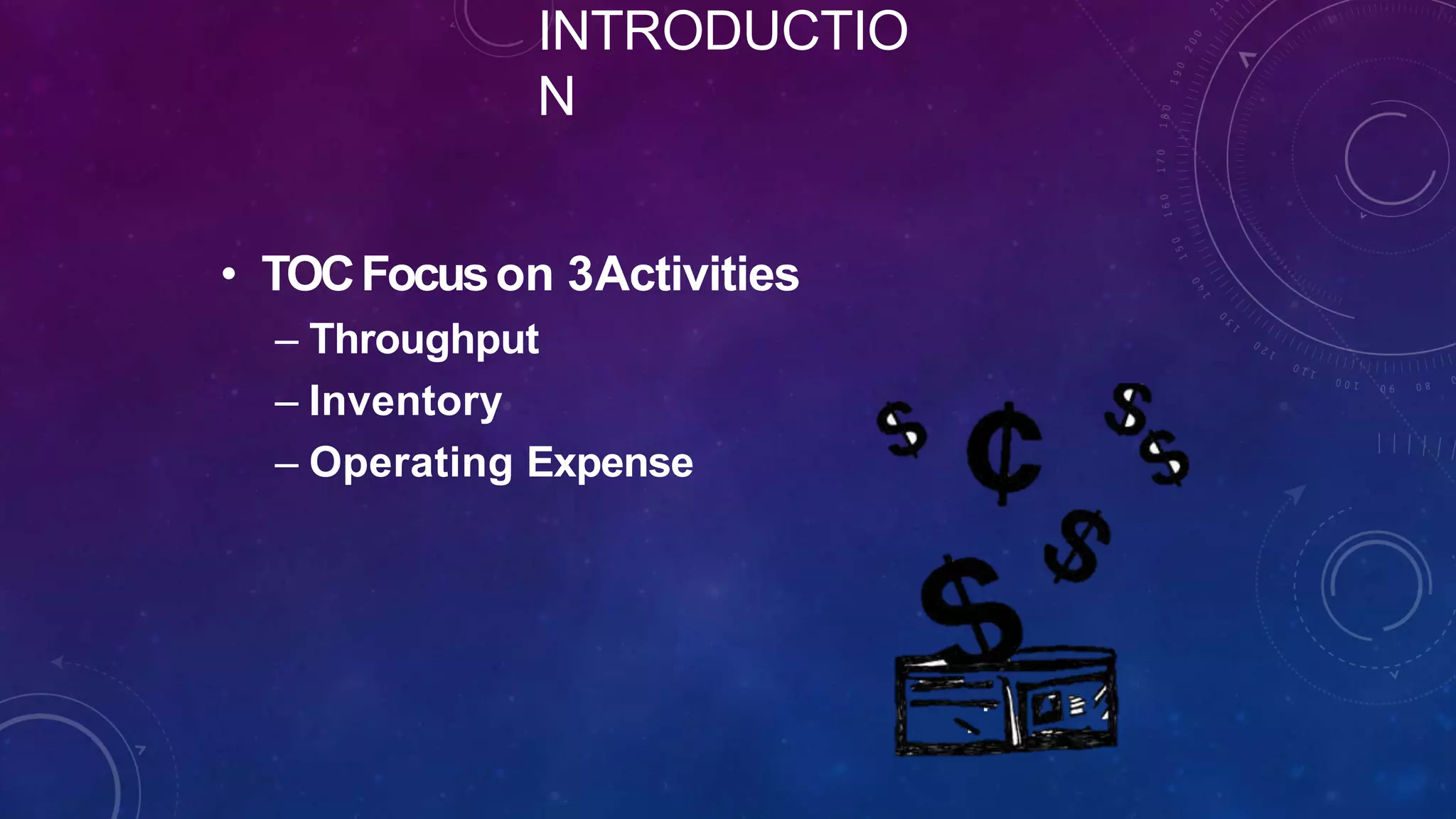 INTRODUCTIO
N
• TOCFocuson 3Activities
– Throughput
– Inventory
– Operating Expense
 