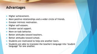 Advantages
 Higher achievement.
 More positive relationships and a wider circle of friends.
 Greater intrinsic motivation.
 Higher self-esteem.
 Greater social support.
 More on-task behavior.
 Better attitudes toward teachers.
 Better attitudes toward school.
 Students are motivated to help one another learn.
 Students are able to translate the teacher's language into "student
language" for one another.
 