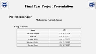 Final Year Project Presentation
Project Supervisor
Muhammad Ahmad Adnan
Group Members:
Name ID’s
Kashif Hameed F2019132014
Ali Raza F2019132001
Nader Shah F2019132033
Hassan Khaliq F2019132029
Omair Khan F2018132073
 