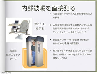 内部被曝を直接測る
                        • 内部被曝＝体の中に入る放射性物質によ
                          る被曝


                 野ざらし   • 人間が体の内部の中に溜め込んでいる放
                 椅子型      射性物質を測る装置＝WBC(ホールボ
                          ディカウンター＝全身カウンター）


                        • 検出限界 300~400 Bq/全身（椅子型）
                          100~200Bq/全身（高遮   ）


         高遮             • 椅子型の多くが精度を良くするために調
     全身スキャン               整中。(実際は 1000Bq/全身 以上なら支

         タイプ              障ないレベル）




12年3月10日土曜日
 