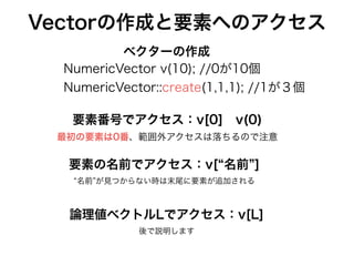Vectorの作成と要素へのアクセス
要素番号でアクセス：v[0] v(0)
最初の要素は0番、範囲外アクセスは落ちるので注意
要素の名前でアクセス：v[ 名前 ]
名前 が見つからない時は末尾に要素が追加される
NumericVector v(10); //0が10個
NumericVector::create(1,1,1); //1が３個
論理値ベクトルLでアクセス：v[L]
後で説明します
ベクターの作成
 