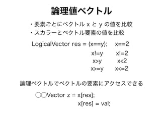 ・要素ごとにベクトル x と y の値を比較
・スカラーとベクトル要素の値を比較
LogicalVector res = (x==y);
x>y
x>=y
x!=y
論理値ベクトル
論理ベクトルでベクトルの要素にアクセスできる
⃝⃝Vector z = x[res];
x[res] = val;
x==2
x!=2
x<2
x<=2
 