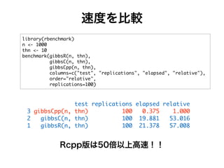 library(rbenchmark)

n	 <-	 1000

thn	 <-	 10

benchmark(gibbsR(n,	 thn),

	 	 	 	 	 	 	 	 	 	 gibbsC(n,	 thn),

	 	 	 	 	 	 	 	 	 	 gibbsCpp(n,	 thn),

	 	 	 	 	 	 	 	 	 	 columns=c("test",	 "replications",	 "elapsed",	 "relative"),

	 	 	 	 	 	 	 	 	 	 order="relative",

	 	 	 	 	 	 	 	 	 	 replications=100)
	 	 	 	 	 	 	 	 	 	 	 	 	 	 test	 replications	 elapsed	 relative

3	 gibbsCpp(n,	 thn)	 	 	 	 	 	 	 	 	 	 100	 	 	 0.375	 	 	 	 1.000

2	 	 	 gibbsC(n,	 thn)	 	 	 	 	 	 	 	 	 	 100	 	 19.881	 	 	 53.016

1	 	 	 gibbsR(n,	 thn)	 	 	 	 	 	 	 	 	 	 100	 	 21.378	 	 	 57.008
Rcpp版は50倍以上高速！！
速度を比較
 