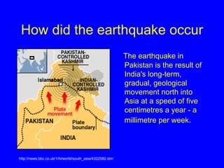 How did the earthquake occur The earthquake in Pakistan is the result of India's long-term, gradual, geological movement north into Asia at a speed of five centimetres a year - a millimetre per week .   http://news.bbc.co.uk/1/hi/world/south_asia/4322582.stm 