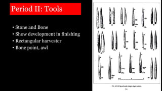 Period II: Tools
• Stone and Bone
• Show development in finishing
• Rectangular harvester
• Bone point, awl
 