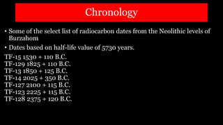 Chronology
• Some of the select list of radiocarbon dates from the Neolithic levels of
Burzahom
• Dates based on half-life value of 5730 years.
TF-15 1530 + 110 B.C.
TF-129 1825 + 110 B.C.
TF-13 1850 + 125 B.C.
TF-14 2025 + 350 B.C.
TF-127 2100 + 115 B.C.
TF-123 2225 + 115 B.C.
TF-128 2375 + 120 B.C.
 