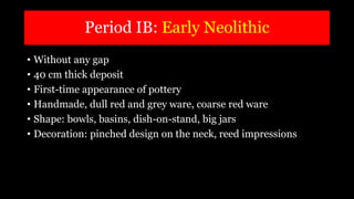 Period IB: Early Neolithic
• Without any gap
• 40 cm thick deposit
• First-time appearance of pottery
• Handmade, dull red and grey ware, coarse red ware
• Shape: bowls, basins, dish-on-stand, big jars
• Decoration: pinched design on the neck, reed impressions
 