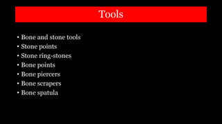 Tools
• Bone and stone tools
• Stone points
• Stone ring-stones
• Bone points
• Bone piercers
• Bone scrapers
• Bone spatula
 
