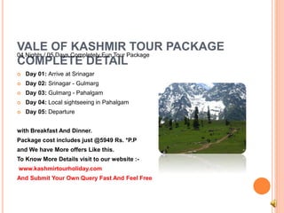 VALE OF KASHMIR TOUR PACKAGE 
04 Nights / 05 Days Completely Fun Tour Package 
COMPLETE DETAIL 
 Day 01: Arrive at Srinagar 
 Day 02: Srinagar - Gulmarg 
 Day 03: Gulmarg - Pahalgam 
 Day 04: Local sightseeing in Pahalgam 
 Day 05: Departure 
with Breakfast And Dinner. 
Package cost includes just @5949 Rs. *P.P 
and We have More offers Like this. 
To Know More Details visit to our website :- 
www.kashmirtourholiday.com 
And Submit Your Own Query Fast And Feel Free 
 