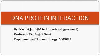 By: Kashvi Jadia(MSc Biotechnology-sem-9)
Professor: Dr. Anjali Soni
Department of Biotechnology, VNSGU.
DNA PROTEIN INTERACTION
 