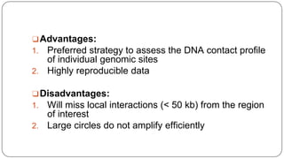 ❑Advantages:
1. Preferred strategy to assess the DNA contact profile
of individual genomic sites
2. Highly reproducible data
❑Disadvantages:
1. Will miss local interactions (< 50 kb) from the region
of interest
2. Large circles do not amplify efficiently
 