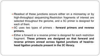 ➔ Readout of these junctions occurs either on a microarray or by
high-throughput sequencing.Restriction fragments of interest are
selected throughout the genome, and a 5C primer is designed for
each of them.
➔ 5C uses two types of primers - forward primers and reverse
primers.
➔ Either a forward or a reverse primer is designed for each restriction
fragment. These primers are designed so that forward and
reverse primers anneal across ligated junctions of head-to-
head ligation products present in the 3C library.
 