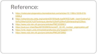 Reference:
1. https://molecularcytogenetics.biomedcentral.com/articles/10.1186/s13039-018-
0368-2
2. https://cshprotocols.cshlp.org/content/2018/9/pdb.top097832.full#:~:text=Outline%2
0of%20the%203C%20Technique,identity%20of%20the%20interacting%20loci.
3. https://www.ncbi.nlm.nih.gov/pmc/articles/PMC3258961/
4. https://pure.eur.nl/ws/files/46745398/Simonis07_3C-5C_nuclear_organization.pdf
5. https://cmb.i-learn.unito.it/mod/wiki/prettyview.php?pageid=116
6. https://www.ncbi.nlm.nih.gov/pmc/articles/PMC2872882/
 