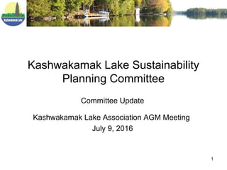 1
Kashwakamak Lake Sustainability
Planning Committee
Committee Update
Kashwakamak Lake Association AGM Meeting
July 9, 2016
 