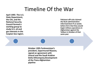 Timeline Of the War
April 1995- The U.S.
State Department,
the CIA, and the
National Security
Council formed a
working group to
study U.S. oil and
gas interests in the
Caspian Sea region.
October 1995-Turkmenistan’s
president, Saparmurad Niyazov,
signed an agreement with
Unocal and the Saudi Arabian
Delta OilCompany.Development
of the Trans-Afghanistan
pipeline
Pakistani ofﬁ cials claimed
the Bush administration
informed them ﬁ ve weeks
before 9/11 that they would
begin military operations in
Afghanistan against the
Taliban in October of that
same year.
 