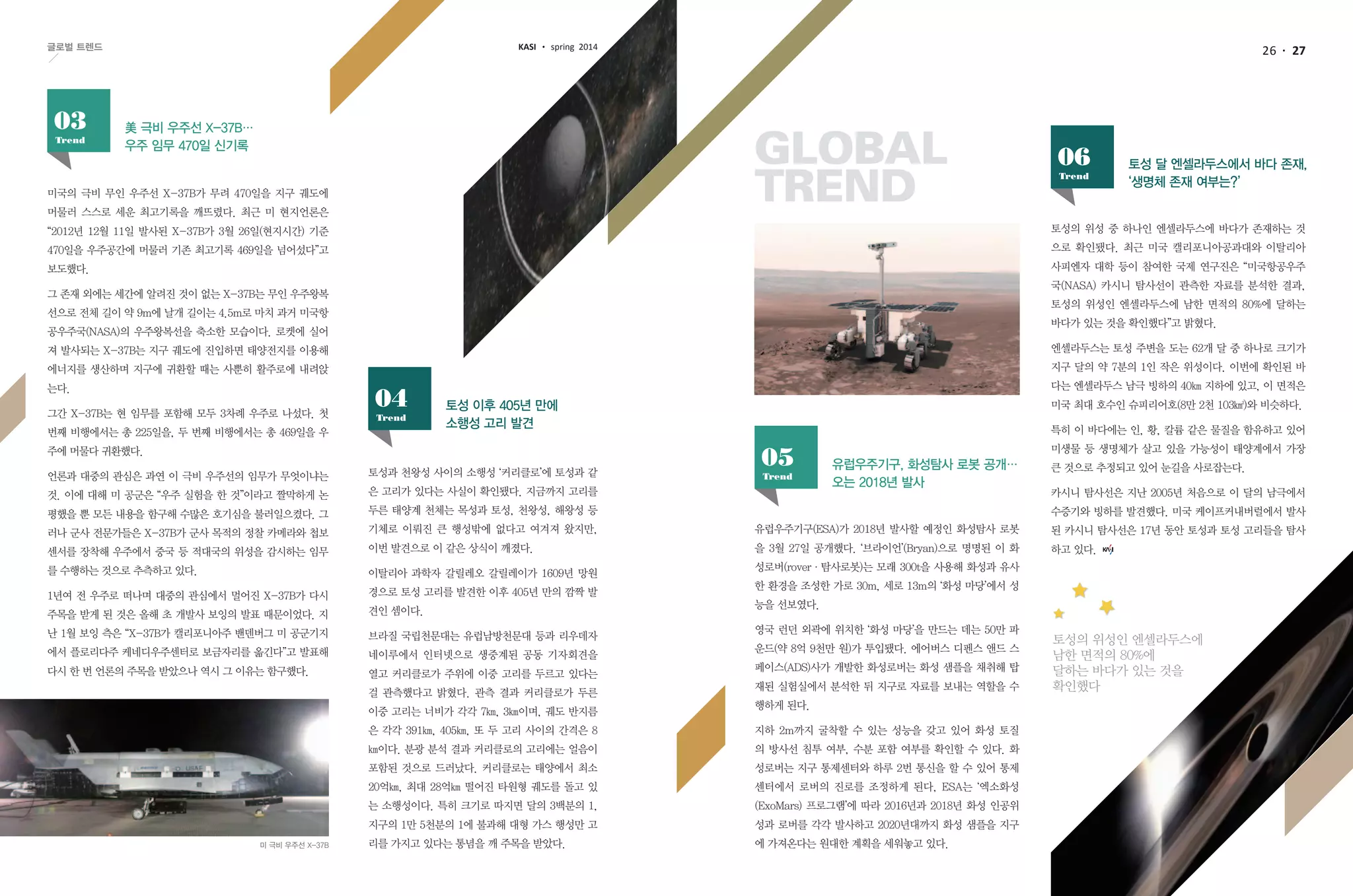 26 27글로벌 트렌드
토성과 천왕성 사이의 소행성 ‘커리클로’에 토성과 같
은 고리가 있다는 사실이 확인됐다. 지금까지 고리를
두른 태양계 천체는 목성과 토성, 천왕성, 해왕성 등
기체로 이뤄진 큰 행성밖에 없다고 여겨져 왔지만,
이번 발견으로 이 같은 상식이 깨졌다.
이탈리아 과학자 갈릴레오 갈릴레이가 1609년 망원
경으로 토성 고리를 발견한 이후 405년 만의 깜짝 발
견인 셈이다.
브라질 국립천문대는 유럽남방천문대 등과 리우데자
네이루에서 인터넷으로 생중계된 공동 기자회견을
열고 커리클로가 주위에 이중 고리를 두르고 있다는
걸 관측했다고 밝혔다. 관측 결과 커리클로가 두른
이중 고리는 너비가 각각 7㎞, 3㎞이며, 궤도 반지름
은 각각 391㎞, 405㎞, 또 두 고리 사이의 간격은 8
㎞이다. 분광 분석 결과 커리클로의 고리에는 얼음이
포함된 것으로 드러났다. 커리클로는 태양에서 최소
20억㎞, 최대 28억㎞ 떨어진 타원형 궤도를 돌고 있
는 소행성이다. 특히 크기로 따지면 달의 3백분의 1,
지구의 1만 5천분의 1에 불과해 대형 가스 행성만 고
리를 가지고 있다는 통념을 깨 주목을 받았다.
美 극비 우주선 X-37B…
우주 임무 470일 신기록
미국의 극비 무인 우주선 X-37B가 무려 470일을 지구 궤도에
머물러 스스로 세운 최고기록을 깨뜨렸다. 최근 미 현지언론은
“2012년 12월 11일 발사된 X-37B가 3월 26일(현지시간) 기준
470일을 우주공간에 머물러 기존 최고기록 469일을 넘어섰다”고
보도했다.
그 존재 외에는 세간에 알려진 것이 없는 X-37B는 무인 우주왕복
선으로 전체 길이 약 9m에 날개 길이는 4.5m로 마치 과거 미국항
공우주국(NASA)의 우주왕복선을 축소한 모습이다. 로켓에 실어
져 발사되는 X-37B는 지구 궤도에 진입하면 태양전지를 이용해
에너지를 생산하며 지구에 귀환할 때는 사뿐히 활주로에 내려앉
는다.
그간 X-37B는 현 임무를 포함해 모두 3차례 우주로 나섰다. 첫
번째 비행에서는 총 225일을, 두 번째 비행에서는 총 469일을 우
주에 머물다 귀환했다.
언론과 대중의 관심은 과연 이 극비 우주선의 임무가 무엇이냐는
것. 이에 대해 미 공군은 “우주 실험을 한 것”이라고 짤막하게 논
평했을 뿐 모든 내용을 함구해 수많은 호기심을 불러일으켰다. 그
러나 군사 전문가들은 X-37B가 군사 목적의 정찰 카메라와 첩보
센서를 장착해 우주에서 중국 등 적대국의 위성을 감시하는 임무
를 수행하는 것으로 추측하고 있다.
1년여 전 우주로 떠나며 대중의 관심에서 멀어진 X-37B가 다시
주목을 받게 된 것은 올해 초 개발사 보잉의 발표 때문이었다. 지
난 1월 보잉 측은 “X-37B가 캘리포니아주 밴덴버그 미 공군기지
에서 플로리다주 케네디우주센터로 보금자리를 옮긴다”고 발표해
다시 한 번 언론의 주목을 받았으나 역시 그 이유는 함구했다.
Trend
03
유럽우주기구, 화성탐사 로봇 공개…
오는 2018년 발사
토성 달 엔셀라두스에서 바다 존재,
‘생명체 존재 여부는?’
유럽우주기구(ESA)가 2018년 발사할 예정인 화성탐사 로봇
을 3월 27일 공개했다. ‘브라이언’(Bryan)으로 명명된 이 화
성로버(rover·탐사로봇)는 모래 300t을 사용해 화성과 유사
한 환경을 조성한 가로 30m, 세로 13m의 ‘화성 마당’에서 성
능을 선보였다.
영국 런던 외곽에 위치한 ‘화성 마당’을 만드는 데는 50만 파
운드(약 8억 9천만 원)가 투입됐다. 에어버스 디펜스 앤드 스
페이스(ADS)사가 개발한 화성로버는 화성 샘플을 채취해 탑
재된 실험실에서 분석한 뒤 지구로 자료를 보내는 역할을 수
행하게 된다.
지하 2m까지 굴착할 수 있는 성능을 갖고 있어 화성 토질
의 방사선 침투 여부, 수분 포함 여부를 확인할 수 있다. 화
성로버는 지구 통제센터와 하루 2번 통신을 할 수 있어 통제
센터에서 로버의 진로를 조정하게 된다, ESA는 ‘엑소화성
(ExoMars) 프로그램’에 따라 2016년과 2018년 화성 인공위
성과 로버를 각각 발사하고 2020년대까지 화성 샘플을 지구
에 가져온다는 원대한 계획을 세워놓고 있다.
토성의 위성 중 하나인 엔셀라두스에 바다가 존재하는 것
으로 확인됐다. 최근 미국 캘리포니아공과대와 이탈리아
사피엔자 대학 등이 참여한 국제 연구진은 “미국항공우주
국(NASA) 카시니 탐사선이 관측한 자료를 분석한 결과,
토성의 위성인 엔셀라두스에 남한 면적의 80%에 달하는
바다가 있는 것을 확인했다”고 밝혔다.
엔셀라두스는 토성 주변을 도는 62개 달 중 하나로 크기가
지구 달의 약 7분의 1인 작은 위성이다. 이번에 확인된 바
다는 엔셀라두스 남극 빙하의 40㎞ 지하에 있고, 이 면적은
미국 최대 호수인 슈피리어호(8만 2천 103㎢)와 비슷하다.
특히 이 바다에는 인, 황, 칼륨 같은 물질을 함유하고 있어
미생물 등 생명체가 살고 있을 가능성이 태양계에서 가장
큰 것으로 추정되고 있어 눈길을 사로잡는다.
카시니 탐사선은 지난 2005년 처음으로 이 달의 남극에서
수증기와 빙하를 발견했다. 미국 케이프커내버럴에서 발사
된 카시니 탐사선은 17년 동안 토성과 토성 고리들을 탐사
하고 있다.
Trend
05
Trend
06
토성 이후 405년 만에
소행성 고리 발견Trend
04
Global
Trend
미 극비 우주선 X-37B
KASI spring 2014
토성의 위성인 엔셀라두스에
남한 면적의 80%에
달하는 바다가 있는 것을
확인했다
 
