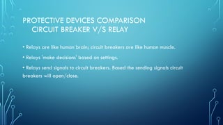 PROTECTIVE DEVICES COMPARISON
CIRCUIT BREAKER V/S RELAY
• Relays are like human brain; circuit breakers are like human muscle.
• Relays 'make decisions' based on settings.
• Relays send signals to circuit breakers. Based the sending signals circuit
breakers will open/close.
 