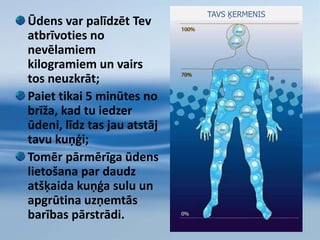 Ūdens palīdz Tev būt līdzsvarāOrganisma šūnām ūdens ir vajadzīgs, lai uzturētu to elektroķīmisko līdzsvaru.Ja ūdens tām pietrūkst, šūnas nefunkcionē pareizi neuzņem vitamīnus un minerālvielas. …..Un Tu vairāk slimo.