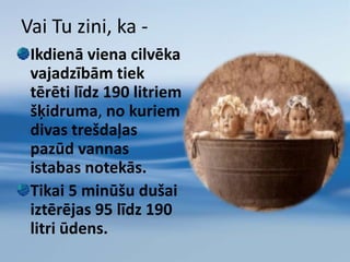 Ūdens - Tavas enerģijas avotsKad Tavs ķermenis ir dehidrēts par   1-2%, Tava  fiziskā forma pasliktināspar 5-10% samazinās  Tava enerģijaTu jūties noguris. 
