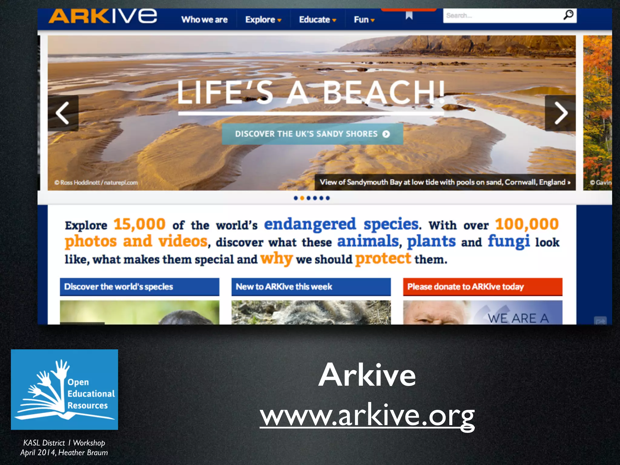 KASL District IWorkshop	

April 2014, Heather Braum
KASL District IWorkshop	

April 2014, Heather Braum
Arkive
www.arkive.org
 