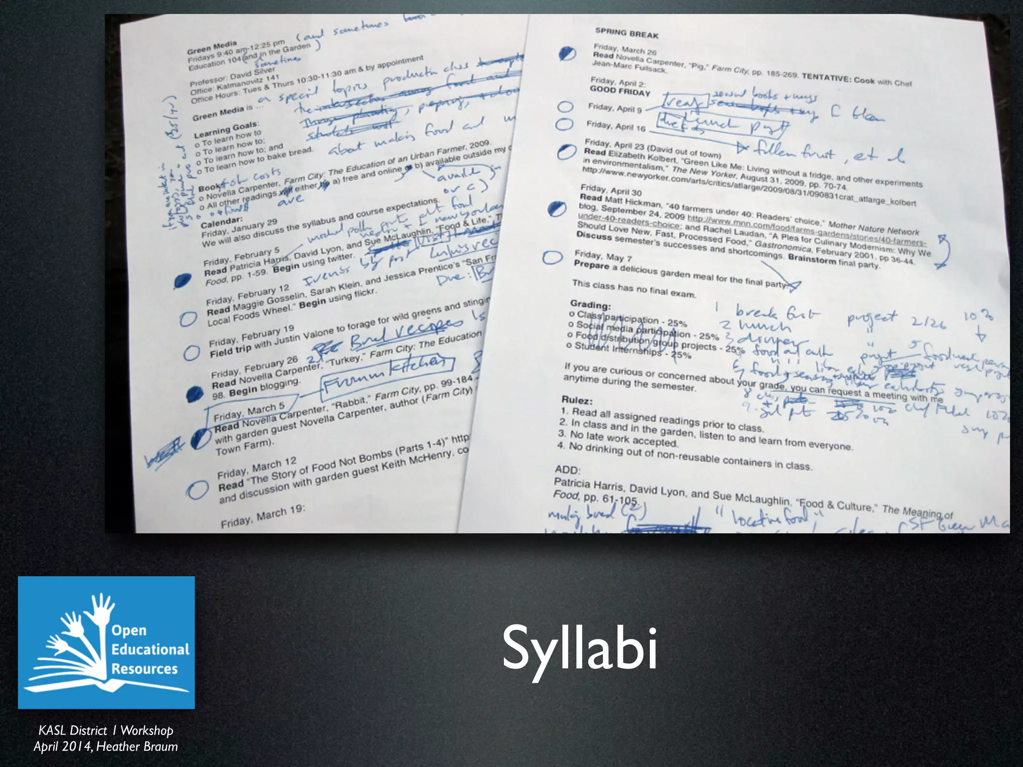 KASL District IWorkshop	

April 2014, Heather Braum
KASL District IWorkshop	

April 2014, Heather Braum
Syllabi
 