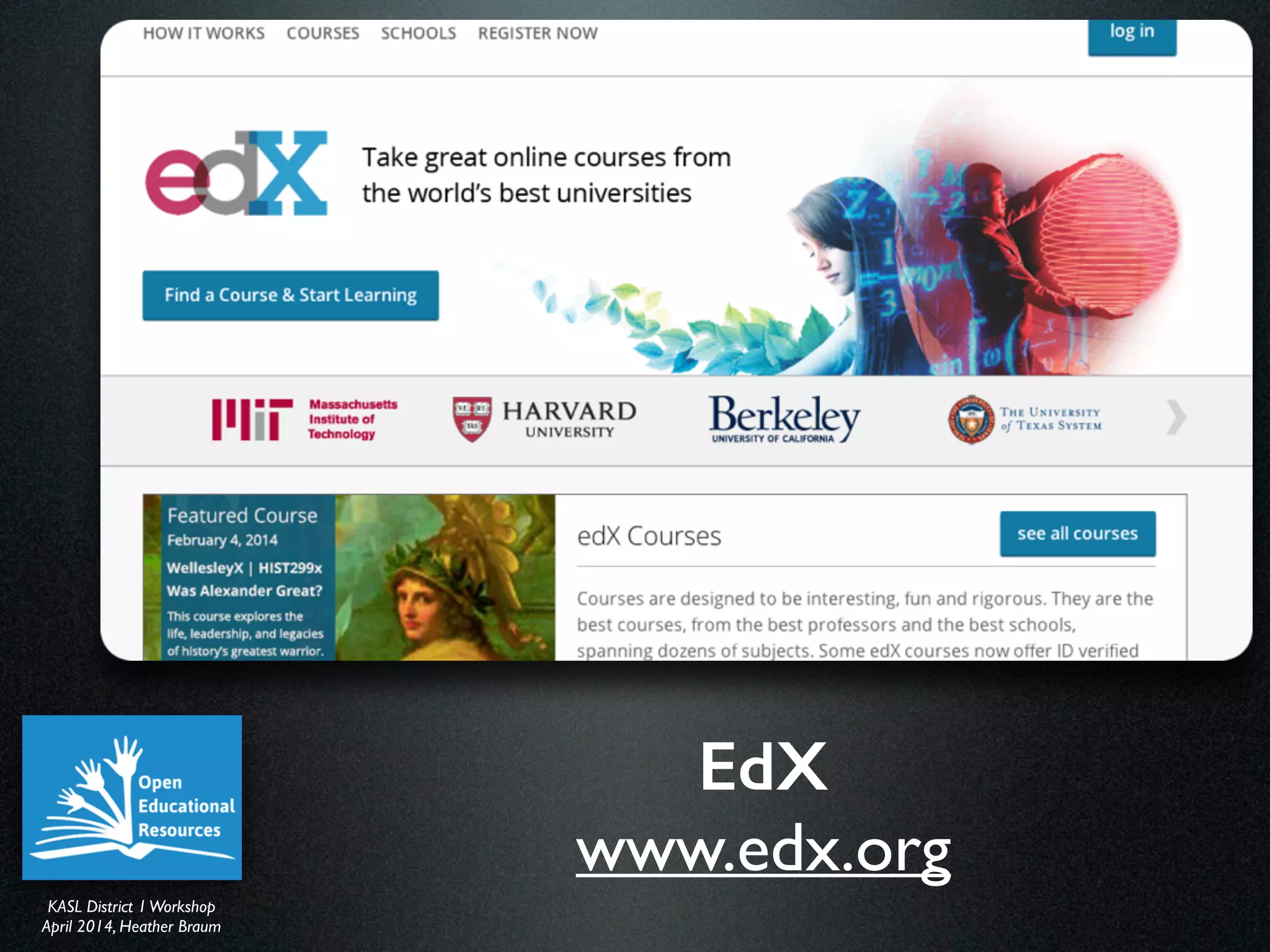 KASL District IWorkshop	

April 2014, Heather Braum
KASL District IWorkshop	

April 2014, Heather Braum
EdX
www.edx.org
 