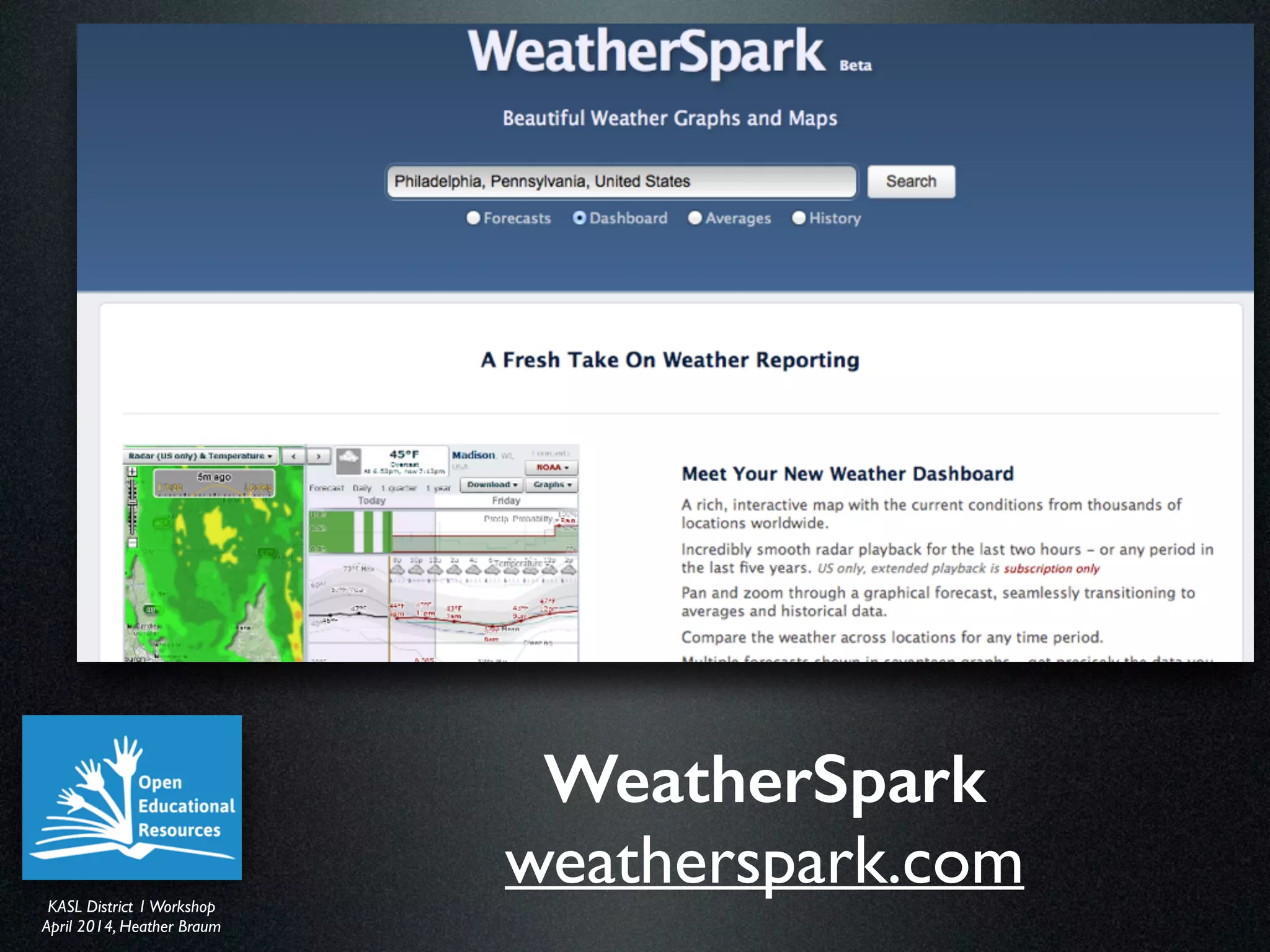 KASL District IWorkshop	

April 2014, Heather Braum
KASL District IWorkshop	

April 2014, Heather Braum
WeatherSpark
weatherspark.com
 