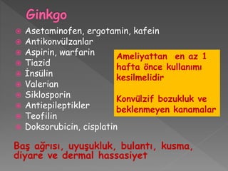  Asetaminofen, ergotamin, kafein
 Antikonvülzanlar
 Aspirin, warfarin
 Tiazid
 İnsülin
 Valerian
 Siklosporin
 Antiepileptikler
 Teofilin
 Doksorubicin, cisplatin
Baş ağrısı, uyuşukluk, bulantı, kusma,
diyare ve dermal hassasiyet
Ameliyattan en az 1
hafta önce kullanımı
kesilmelidir
Konvülzif bozukluk ve
beklenmeyen kanamalar
 