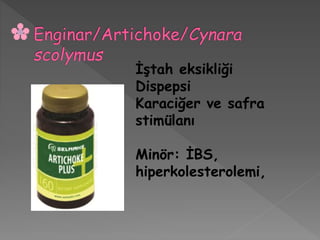 İştah eksikliği
Dispepsi
Karaciğer ve safra
stimülanı
Minör: İBS,
hiperkolesterolemi,
 
