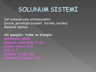 SOLUNUM SİSTEMİ
Üst solunum yolu enfeksiyonları
(burun, paranazal sinüsler, farinks, larinks)
Mekanik destek
Alt pasajlar: trake ve bronşlar
enfeksiyon sıklığı
Solunum sisteminde % 66
Üriner sistem %19
GİS % 7
Kutanöz tabaka %6
Jinekolojik bölgeler %3
 