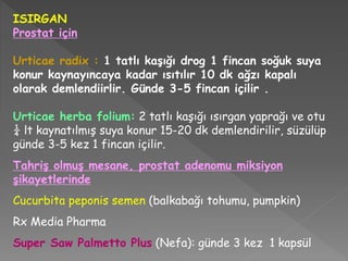 ISIRGAN
Prostat için
Urticae radix : 1 tatlı kaşığı drog 1 fincan soğuk suya
konur kaynayıncaya kadar ısıtılır 10 dk ağzı kapalı
olarak demlendiirlir. Günde 3-5 fincan içilir .
Urticae herba folium: 2 tatlı kaşığı ısırgan yaprağı ve otu
¼ lt kaynatılmış suya konur 15-20 dk demlendirilir, süzülüp
günde 3-5 kez 1 fincan içilir.
Tahriş olmuş mesane, prostat adenomu miksiyon
şikayetlerinde
Cucurbita peponis semen (balkabağı tohumu, pumpkin)
Rx Media Pharma
Super Saw Palmetto Plus (Nefa): günde 3 kez 1 kapsül
 