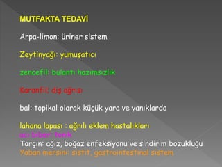 MUTFAKTA TEDAVİ
Arpa-limon: üriner sistem
Zeytinyağı: yumuşatıcı
zencefil: bulantı hazımsızlık
Karanfil; diş ağrısı
bal: topikal olarak küçük yara ve yanıklarda
lahana lapası : ağrılı eklem hastalıkları
acı biber: tonik
Tarçın: ağız, boğaz enfeksiyonu ve sindirim bozukluğu
Yaban mersini: sistit, gastrointestinal sistem
 