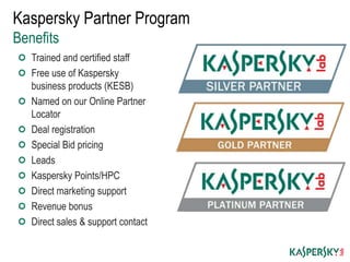 Trained and certified staff
Free use of Kaspersky
business products (KESB)
Named on our Online Partner
Locator
Deal registration
Special Bid pricing
Leads
Kaspersky Points/HPC
Direct marketing support
Revenue bonus
Direct sales & support contact
Kaspersky Partner Program
Benefits
 