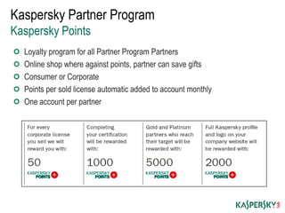 Loyalty program for all Partner Program Partners
Online shop where against points, partner can save gifts
Consumer or Corporate
Points per sold license automatic added to account monthly
One account per partner
Kaspersky Partner Program
Kaspersky Points
 