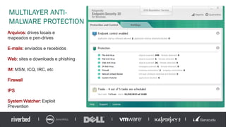 Arquivos: drives locais e
mapeados e pen-drives
E-mails: enviados e recebidos
Web: sites e downloads e phishing
IM: MSN, ICQ, IRC, etc
Firewall
IPS
System Watcher: Exploit
Prevention
MULTILAYER ANTI-
MALWARE PROTECTION
 