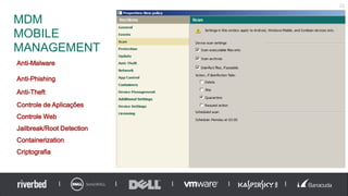 MDM
MOBILE
MANAGEMENT
23
Anti-Malware
Anti-Phishing
Anti-Theft
Controle de Aplicações
Controle Web
Jailbreak/Root Detection
Containerization
Criptografia
 