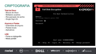 Total de Disco
- Blocos de disco
- Múltiplos usuários
- Recuperação de senha
- Single Sign-On
Arquivos e Pastas
- Extensões de arquivo
- Pastas locais
- Aplicativos
USB
- Force a criptografia
- Modo portátil
CRIPTOGRAFIA
 
