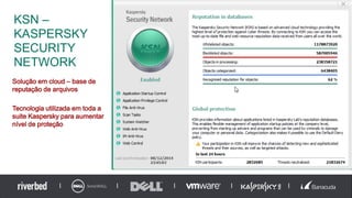 KSN –
KASPERSKY
SECURITY
NETWORK
33
Solução em cloud – base de
reputação de arquivos
Tecnologia utilizada em toda a
suite Kaspersky para aumentar
nível de proteção
 